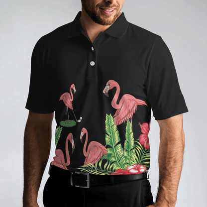 Flamingo Playing Golf And Tropical Pattern Polo Shirt, Pink Flamingo Short Sleeve Polo Shirt For Golfers - Amzanimalsgift