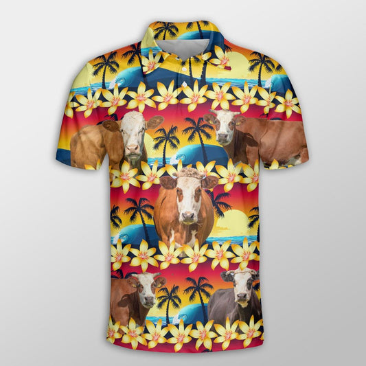 Fleckvieh Men Polo Shirts - Fleckvieh Beach Sunset Pattern Button Shirts For Men - Perfect Gift For Fleckvieh Lovers, Cattle Lovers - Amzanimalsgift