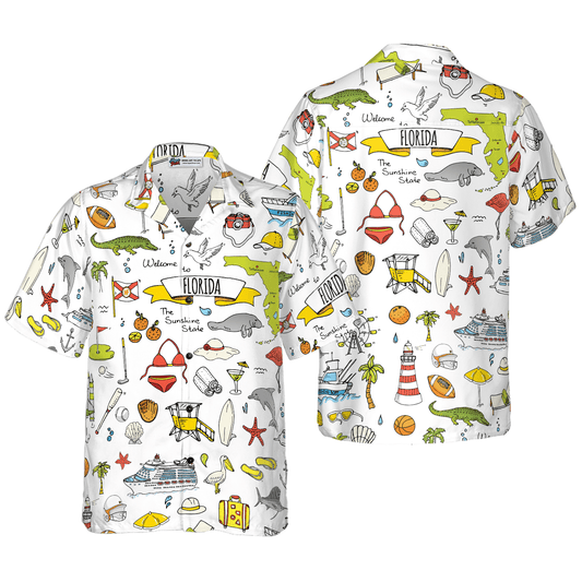 Florida In Hand Drawn Doodle Style USA Hawaiian Shirt, Colorful Summer Aloha Shirts For Men Women, Perfect Gift For Husband, Wife, Boyfriend - Amzanimalsgift