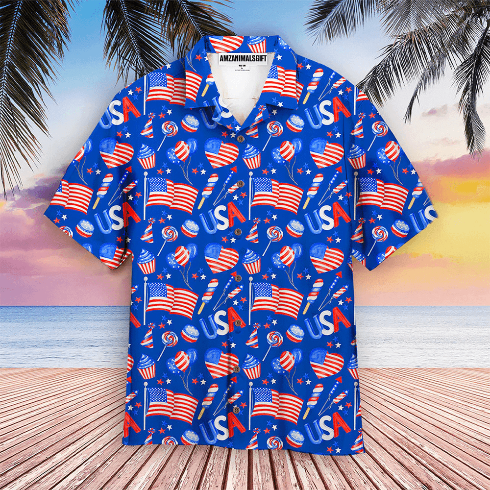 Fourth Of July Patriotic American Flags Blue Aloha Hawaiian Shirts For Men Women, 4th July Gift For Summer, Friend, Family, Independence Day - Amzanimalsgift