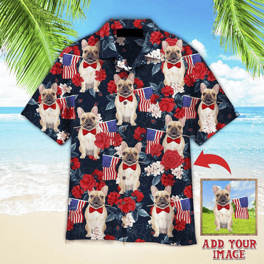 French Bulldog Hawaiian Shirt Custom Photo, Dog Holding Flag USA On Red Rose Tropical Personalized Hawaiian Shirts - Perfect Gift For Dog Lovers - Amzanimalsgift