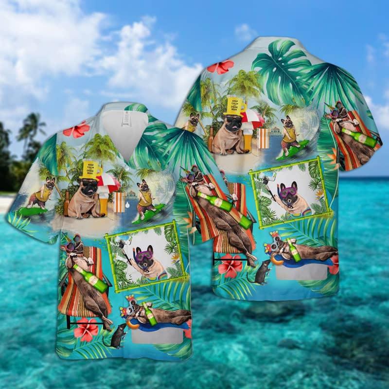 French Bulldog Hawaiian Shirt, Dog Surfing, Tropical Summer Aloha Shirt For Men - Perfect Gift For Dog Lovers, Husband, Boyfriend, Friend, Family - Amzanimalsgift