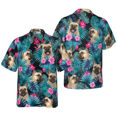 French Bulldog Hawaiian Shirt, Tropical Flowers And Leaves Aloha Shirt For Men - Perfect Gift For Dog Lovers, Husband, Boyfriend, Friend, Family - Amzanimalsgift