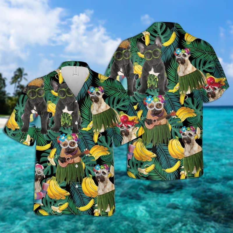 French Bulldog Hawaiian Shirt, Tropical Summer Leaves Hawaiian Shirt For Men - Perfect Gift For Dog Lovers, Husband, Boyfriend, Friend, Family - Amzanimalsgift