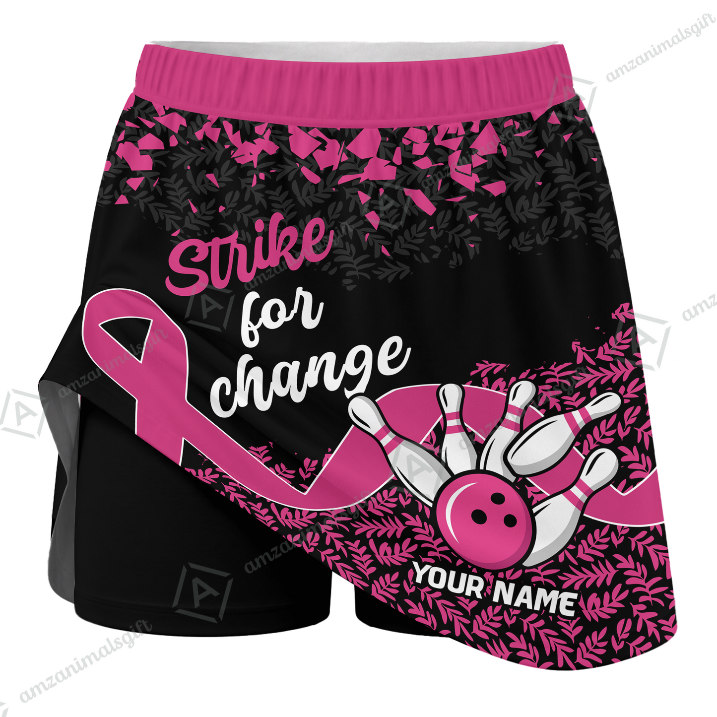 Customized Bowling Trouser Skirts With Shorts Underneath, Bowling Ribbon Strike For Change With Pockets