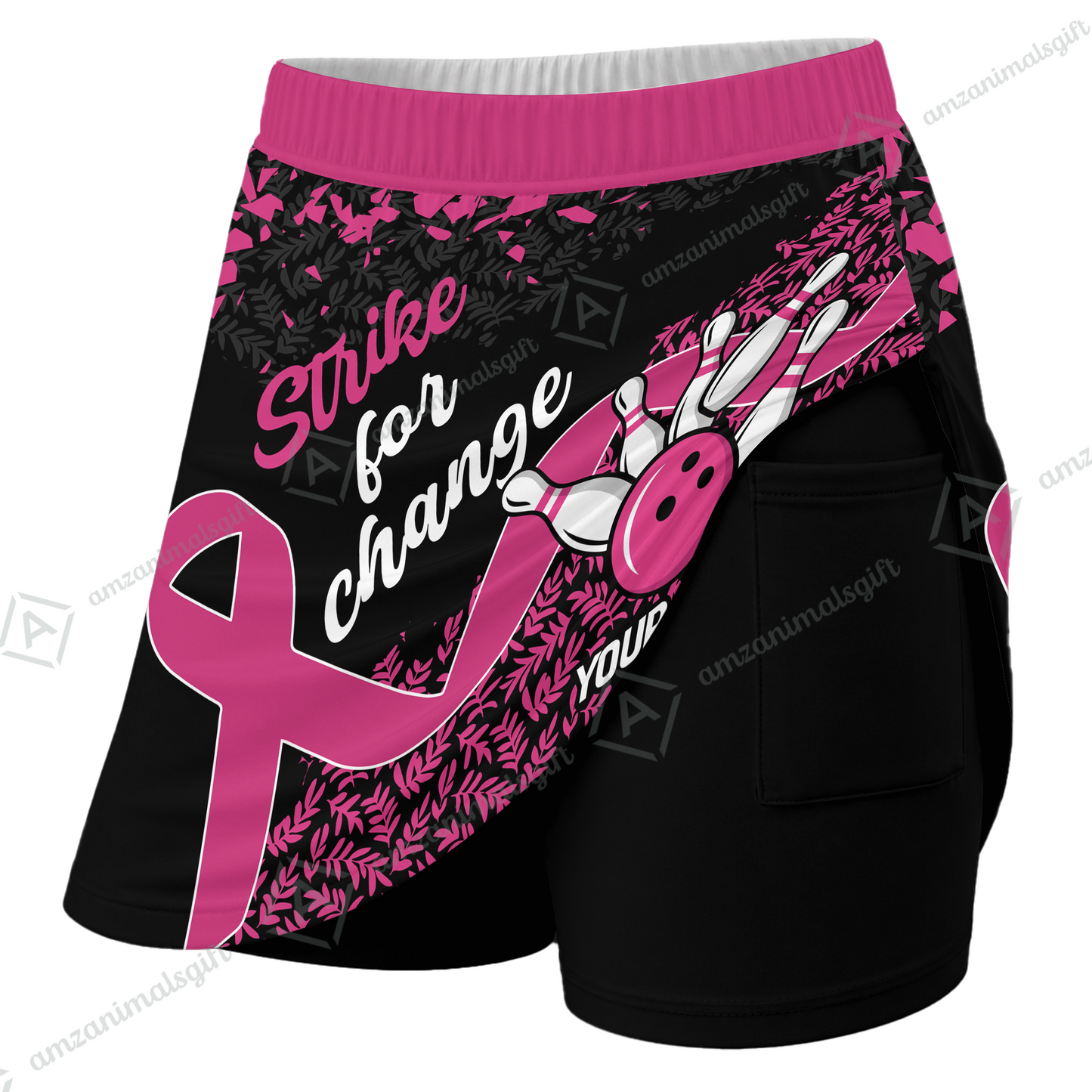 Customized Bowling Trouser Skirts With Shorts Underneath, Bowling Ribbon Strike For Change With Pockets