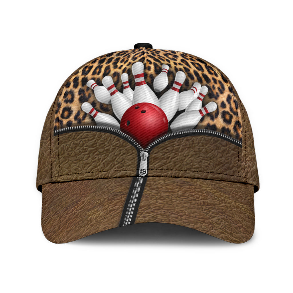 Bowling Dark Leather Texture Classic Cap, Bowling In Zip Pattern Cap Hat For Team Men Women Bowlers HN17
