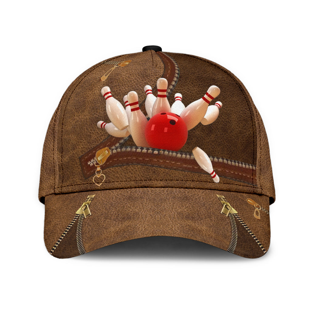 Customized Bowling Leather Texture Classic Cap, Bowling Pins In Zip Pattern Cap Hat For Team Men Women Bowlers HN15