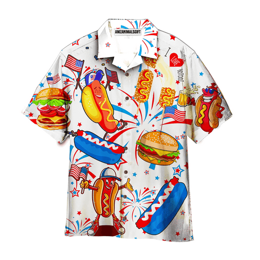 Funny American Hot Dog 4th Of July Independence Day White And Blue Aloha Hawaiian Shirts For Men Women, USA Flag Hawaiian Shirt, Gift For Summer - Amzanimalsgift