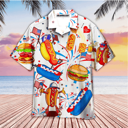 Funny American Hot Dog 4th Of July Independence Day White And Blue Aloha Hawaiian Shirts For Men Women, USA Flag Hawaiian Shirt, Gift For Summer - Amzanimalsgift