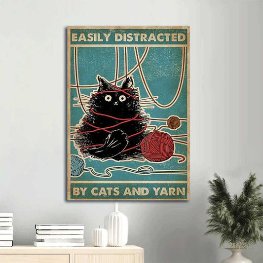 Funny Black Cat Portrait Canvas - Easily Distracted By Cats And Yarn Portrait Canvas - Gift For Family, Friends, Cat Lovers - Amzanimalsgift