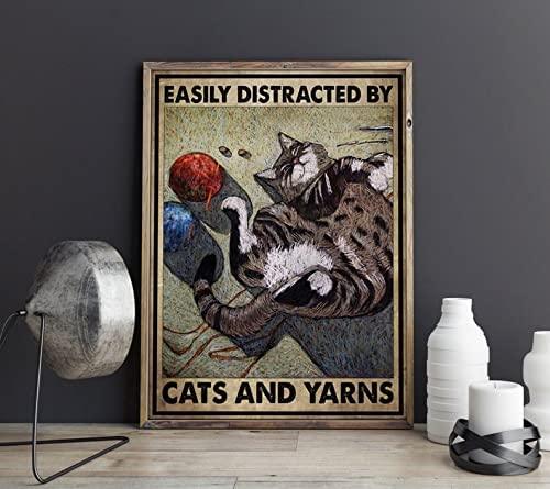 Funny Cat Portrait Canvas - Easily Distracted By Cats And Yarn Portrait Canvas - Gift For Family, Friends, Cat Lovers - Amzanimalsgift