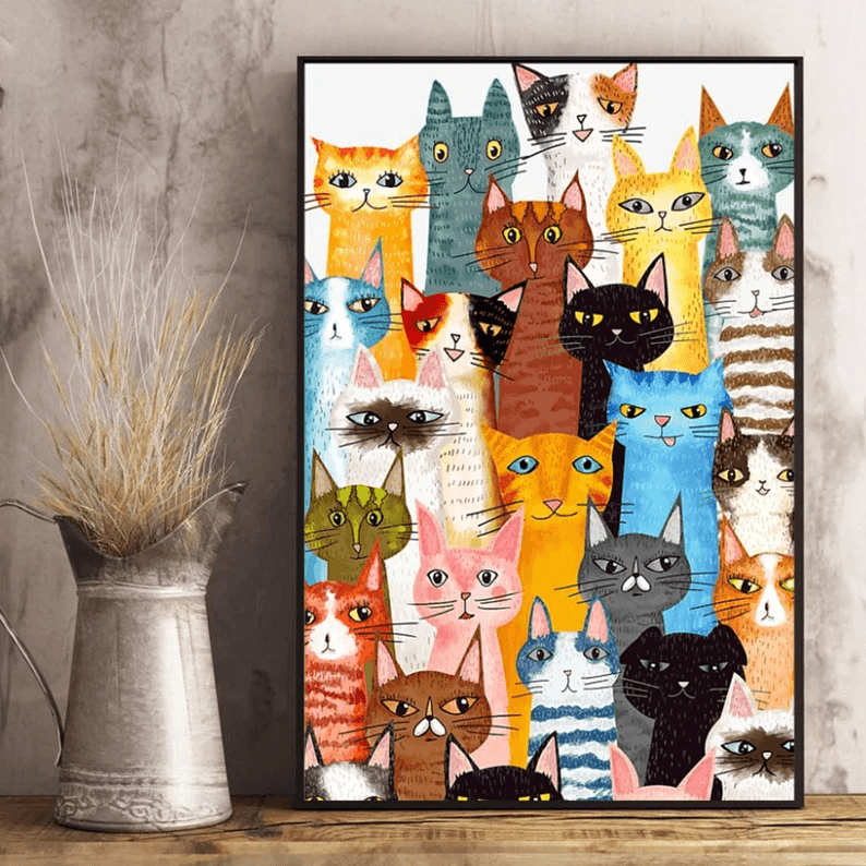 Funny Cat Portrait Canvas - Painting Of Many Cats Portrait Canvas - Gift For Cat Lovers, Friends, Family - Amzanimalsgift