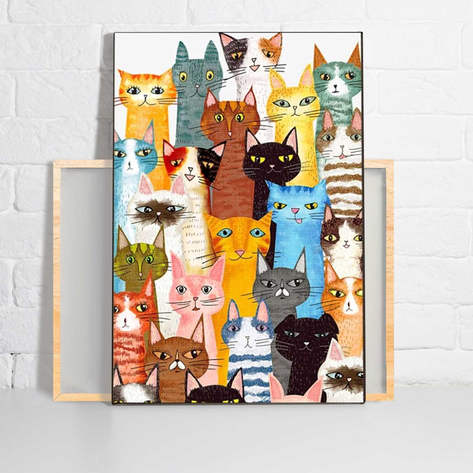 Funny Cat Portrait Canvas - Painting Of Many Cats Portrait Canvas - Gift For Cat Lovers, Friends, Family - Amzanimalsgift