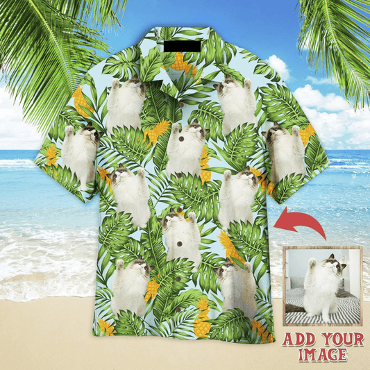 Funny Cat Raising Paw Pineapple Tropical Custom Photo Hawaiian Shirt, Personalized Hawaiian Shirts - Perfect Gift For Cat Lovers, Family, Friends - Amzanimalsgift