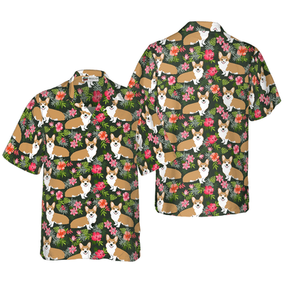 Funny Corgi Hawaiian Shirt, Corgi Tropical Flowers Aloha Shirt For Men - Perfect Gift For Corgi Lovers, Husband, Boyfriend, Friend, Family - Amzanimalsgift
