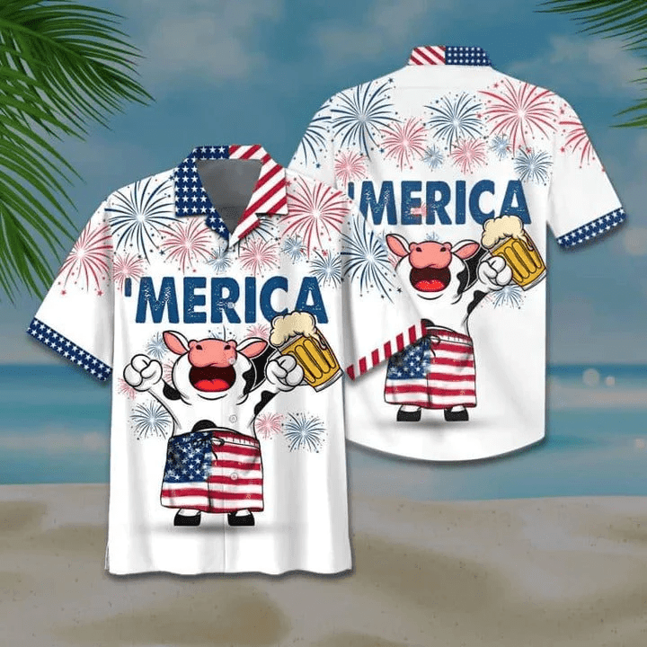 Funny Cow And Beer Aloha Hawaiian Shirts For Summer, USA Independence Day Cow Hawaiian Shirt For Men Women, Patriotic Gift For Cow Lovers, 4th July - Amzanimalsgift