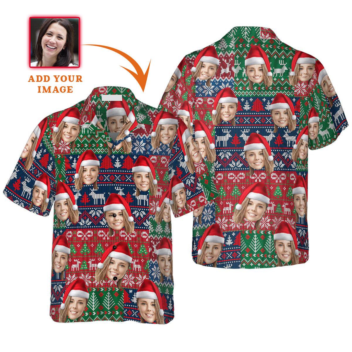 Funny Custom Face Christmas Pattern Hawaiian Shirt, Custom Photo Hawaiian Shirt - Personalized Summer Gifts For Men, Women - Amzanimalsgift