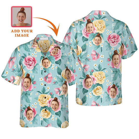 Funny Custom Face Rose Flower Pattern Hawaiian Shirt, Custom Photo Hawaiian Shirt - Personalized Summer Gifts For Men, Women - Amzanimalsgift
