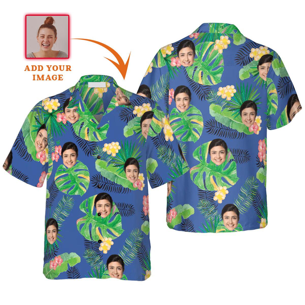 Funny Custom Face Tropical Pattern In Blue Background Hawaiian Shirt, Custom Photo Hawaiian Shirt - Personalized Summer Gifts For Men, Women - Amzanimalsgift