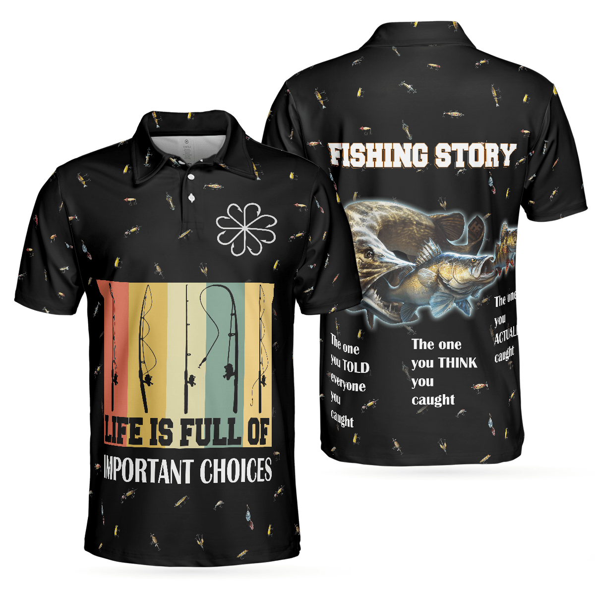 Funny Fishing Story Men Polo Shirt, Life is Full Of Important Choices Polo Shirt, Fishing Bait Pattern Polo Shirt, Funny Fishing Shirt For Men - Amzanimalsgift