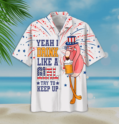 Funny Flamingo Aloha Hawaiian Shirts For Summer, Flamingo Drinking Beer Independence Day 4th Of July Flag Aloha Hawaiian Shirt For Men Women - Amzanimalsgift