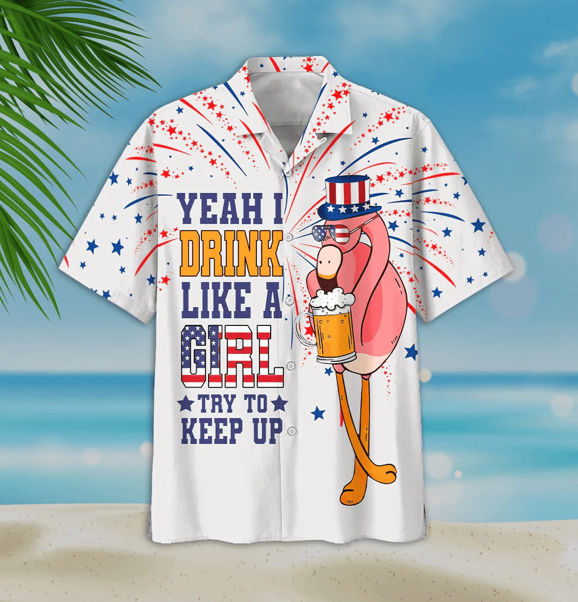 Funny Flamingo Aloha Hawaiian Shirts For Summer, Flamingo Drinking Beer Independence Day 4th Of July Flag Aloha Hawaiian Shirt For Men Women - Amzanimalsgift