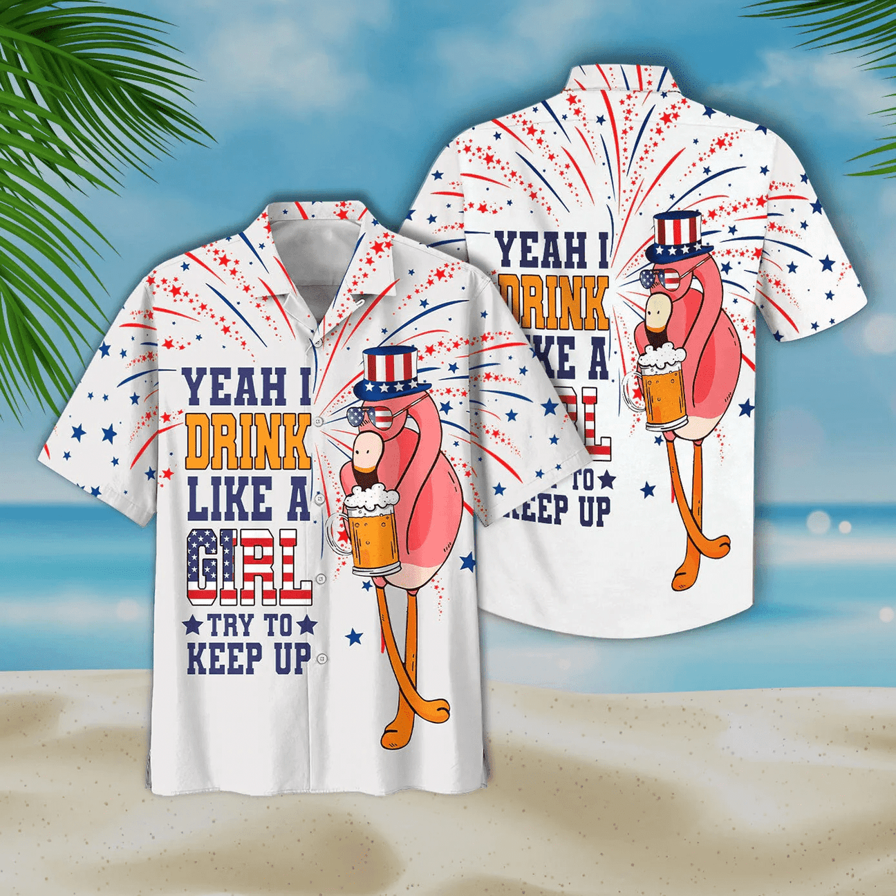 Funny Flamingo Aloha Hawaiian Shirts For Summer, Flamingo Drinking Beer Independence Day 4th Of July Flag Aloha Hawaiian Shirt For Men Women - Amzanimalsgift