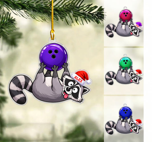 Personalized Bowling Christmas Ornament, Funny Raccoon Holding Bowling Ball, Custom Ornament Christmas Gift, Keychain Bowling, Car Ornament Bowling