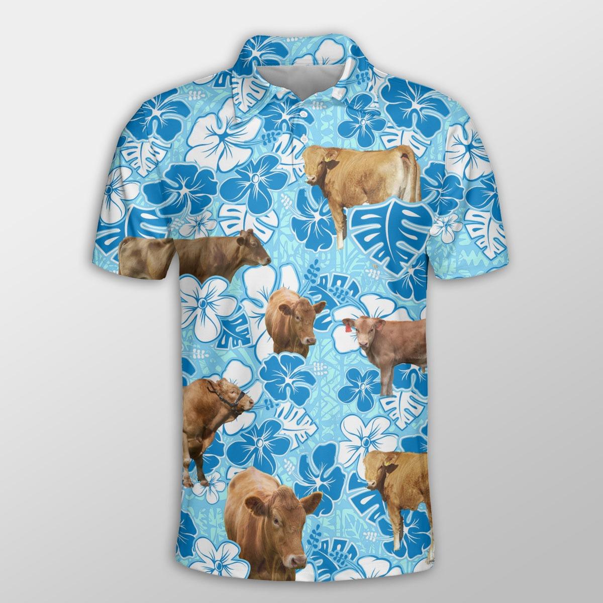 Gelbvieh Men Polo Shirts For Summer - Gelbvieh Blue Floral Button Shirts For Men - Perfect Gift For Gelbvieh Lovers, Cattle Lovers - Amzanimalsgift