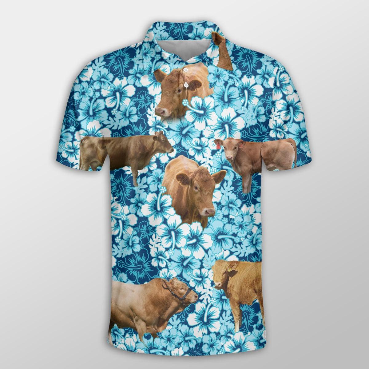 Gelbvieh Men Polo Shirts For Summer - Gelbvieh Blue Hibiscus Pattern Button Shirts For Men - Perfect Gift For Gelbvieh Lovers, Cattle Lovers - Amzanimalsgift