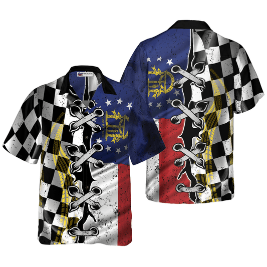 Georgia Racing Flag Pattern Aloha Hawaiian Shirt For Summer, Colorful Hawaiian Shirt Outfit For Men Women, Gift For Friend, Team, Family, Racing Lover - Amzanimalsgift