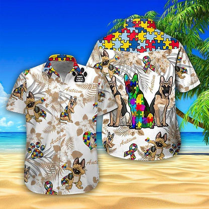 German Shepherd Aloha Hawaiian Shirt - Autism Puzzle Hawaiian Shirt, Funny German Shepherd Hawaiian Shirt For Men & Women, German Shepherd Lover - Amzanimalsgift