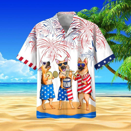 German Shepherd Aloha Hawaiian Shirt - German Shepherd Firework Hawaiian Shirt, US Flag Hawaiian Shirt For Men & Women, German Shepherd Lover - Amzanimalsgift