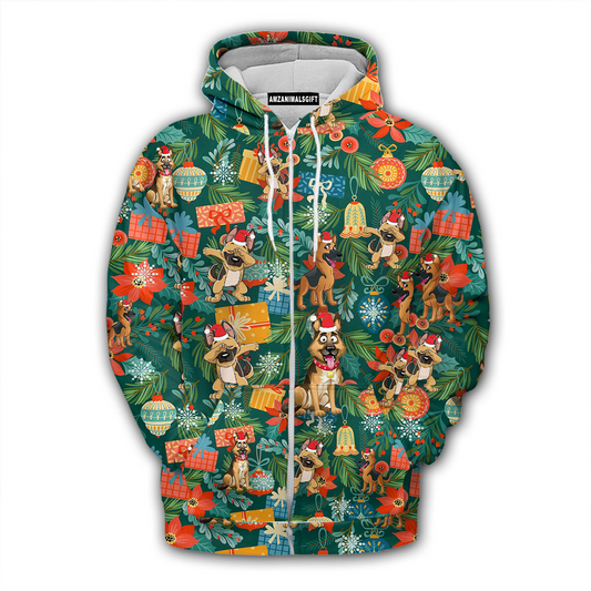 German Shepherd Poinsettia Mistletoe Christmas Premium Zip Hoodie For Men & Women, Perfect Gift And Outfit For Christmas, Dog Mom Dad