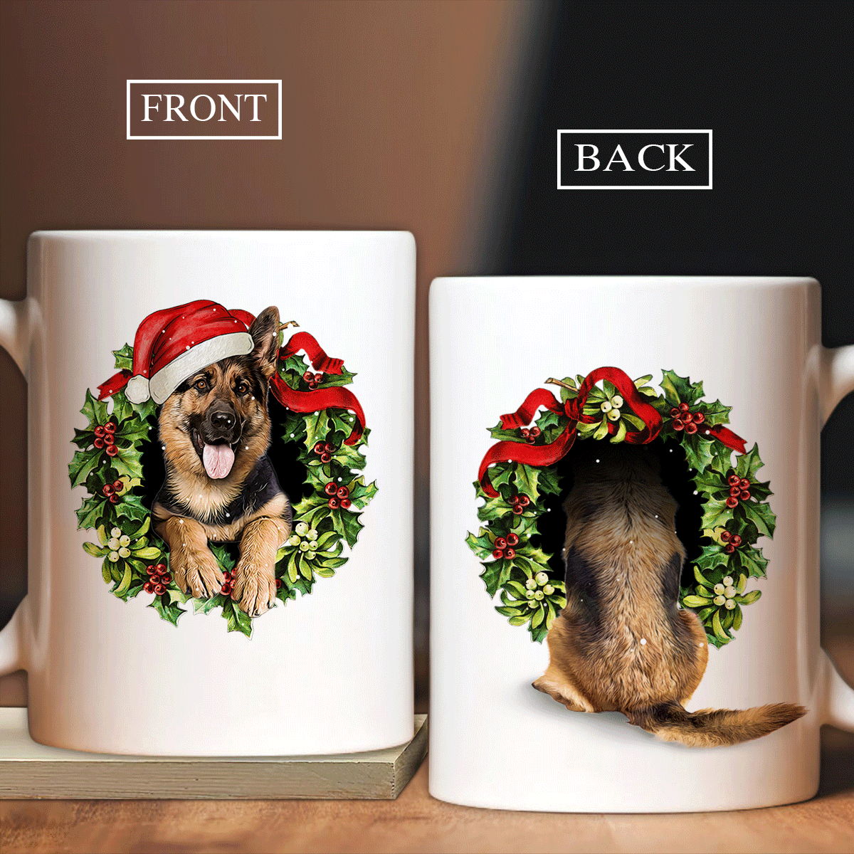 German Shepherd Dog White Mug - Perfect Gift For Dog Lover, Dog Mom, Dog Dad - Christmas wreath, Merry Christmas Mug - Amzanimalsgift