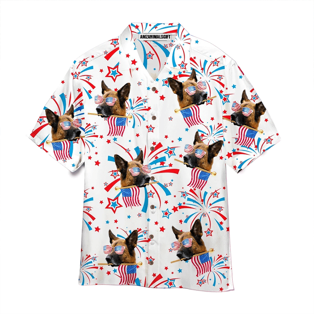 German Shepherd Dogs Happy America Flag White Aloha Hawaiian Shirts For Men Women, 4th Of July Gift For Summer, Friend, Dog Lovers, Independence Day - Amzanimalsgift