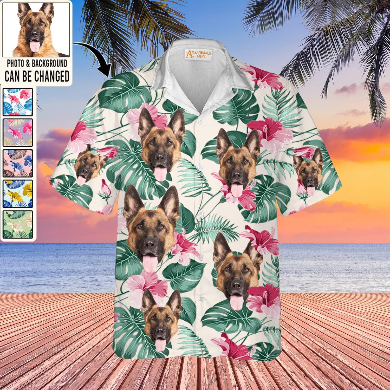 German Shepherd Face Custom Aloha Hawaii Shirt - Dog Custom Photo With Tropical Pattern Personalized Hawaiian Shirt - Perfect Gift For Dog Lovers, Friend, Family - Amzanimalsgift