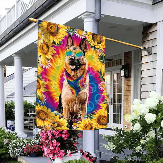 German Shepherd Flag - Hippie Style, Sunflower, Peace Sign, Rainbow Sunglass Flag - Perfect Gift For German Shepherd Lover, Friend, Family - Amzanimalsgift