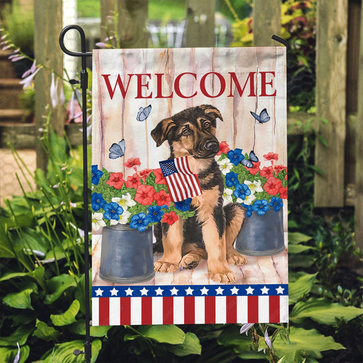 German Shepherd Flag - Pretty Hibiscus Flower, US Flag, Welcome Flag - Perfect Gift For German Shepherd Lover, Friend, Family - Amzanimalsgift