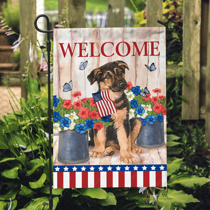 German Shepherd Flag - Pretty Hibiscus Flower, US Flag, Welcome Flag - Perfect Gift For German Shepherd Lover, Friend, Family - Amzanimalsgift