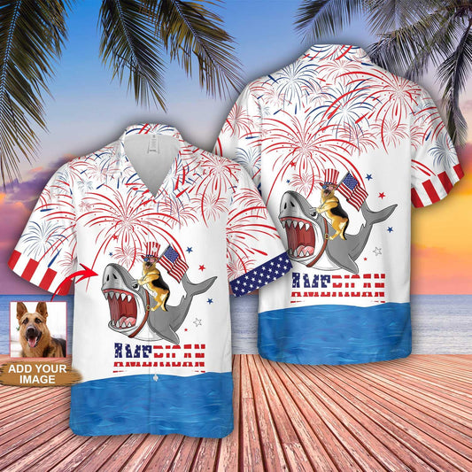 German Shepherd Hawaiian Shirt Custom Photo For 4th Of July , Puppy Riding Shark With American Flag Firework Personalized Hawaiian Shirt - Gift for Independence Day - Amzanimalsgift