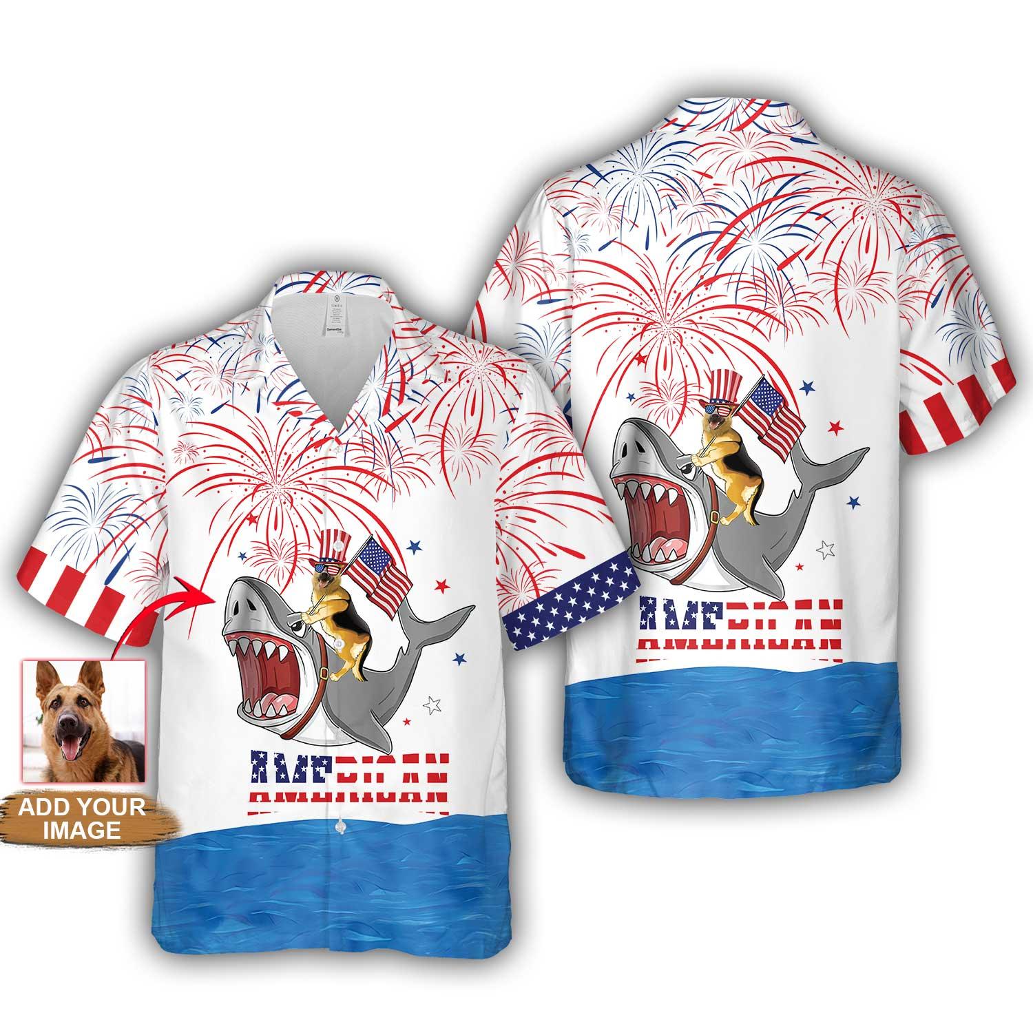 German Shepherd Hawaiian Shirt Custom Photo For 4th Of July , Puppy Riding Shark With American Flag Firework Personalized Hawaiian Shirt - Gift for Independence Day - Amzanimalsgift