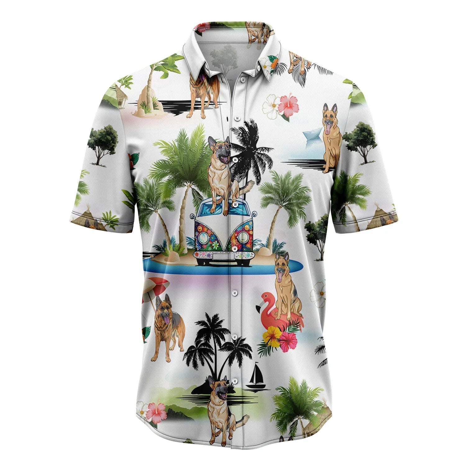 German Shepherd Hawaiian Shirt, Dog Hippie Car Palm Vacation Aloha Shirt For Men Women - Perfect Gift For Dog Lovers, Husband, Boyfriend, Friend, Wife - Amzanimalsgift