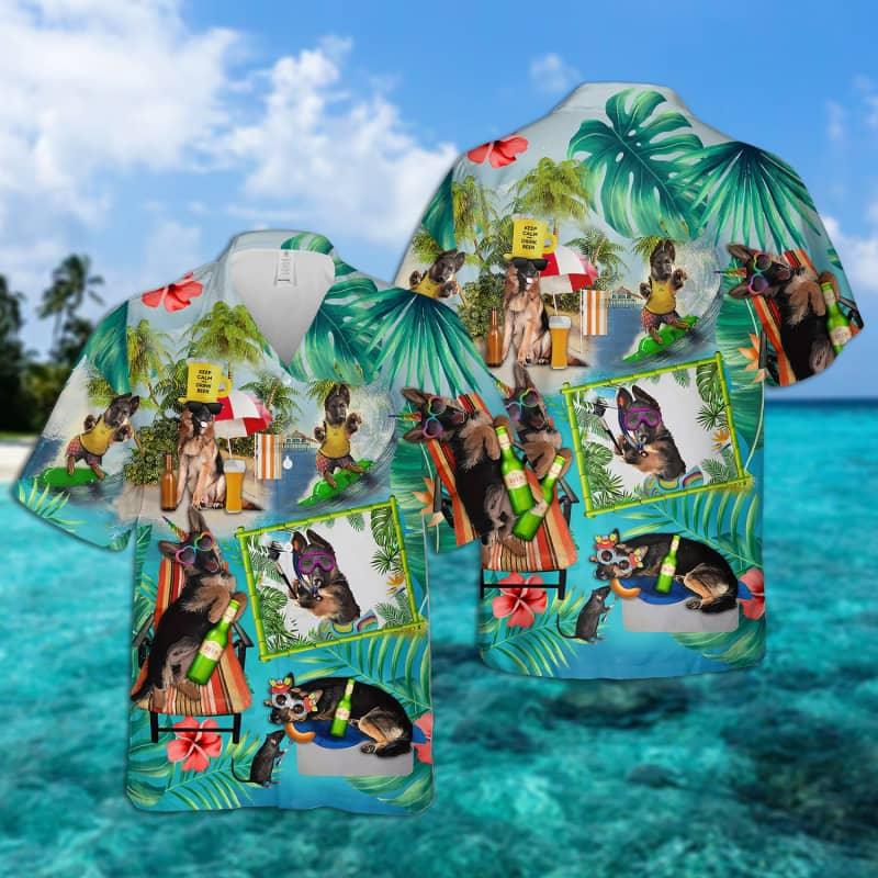German Shepherd Hawaiian Shirt, Dog Surfing Hawaiian Shirt, Tropical Summer Aloha Shirt For Men - Perfect Gift For German Shepherd Lovers, Husband, Boyfriend, Friend, Family - Amzanimalsgift