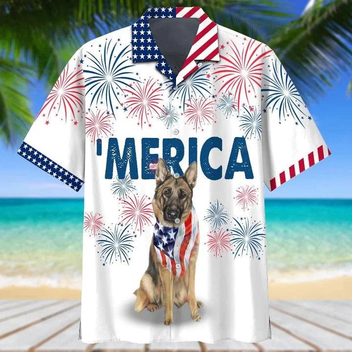 German Shepherd Hawaiian Shirt - German Shepherd American Flag Red And White Firework Hawaiian Shirt - Perfect Gift For Friend, Family - Amzanimalsgift