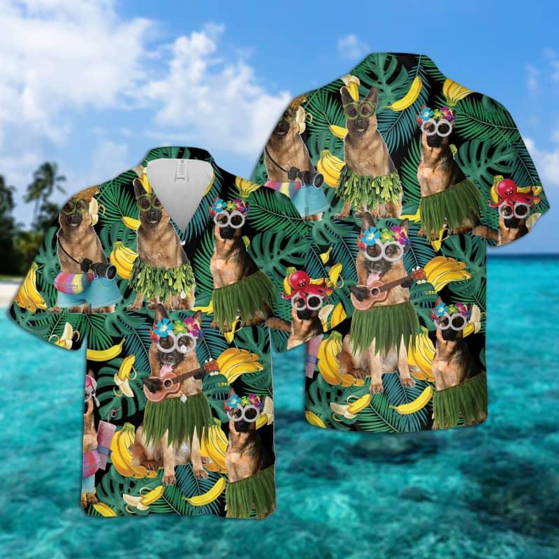 German Shepherd Hawaiian Shirt, Tropical Summer Leaves Hawaiian Shirt For Men - Perfect Gift For German Shepherd Lovers, Husband, Boyfriend, Friend, Family - Amzanimalsgift