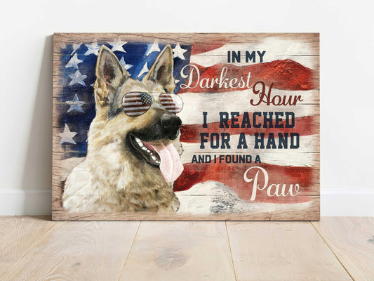 German Shepherd Landscape Canvas - Awesome German Shepherd, US flag glasses, In my darkest hour, I found a paw - Gift For German Shepherd Lovers - Amzanimalsgift