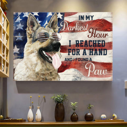 German Shepherd Landscape Canvas - Awesome German Shepherd, US flag glasses, In my darkest hour, I found a paw - Gift For German Shepherd Lovers - Amzanimalsgift