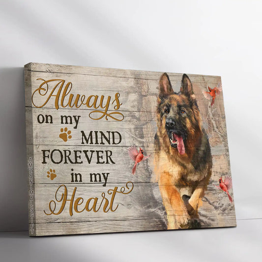 German Shepherd Memorial Landscape Canvas, Premium Wrapped Canvas Gift For German Shepherd Lovers - Always On My Mind, Cardinal and Winter Forest - Amzanimalsgift